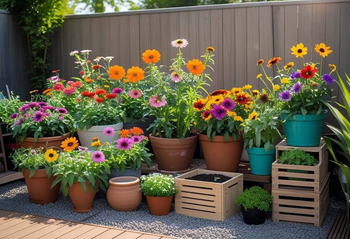A small backyard with various colorful flowers growing in pots and containers arranged on a wooden deck and gravel area.