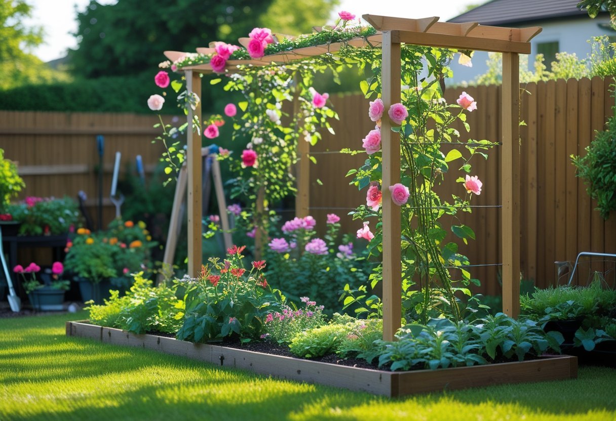 A backyard garden with a wooden trellis supporting climbing flowering plants and a variety of colorful flowers growing beneath it.