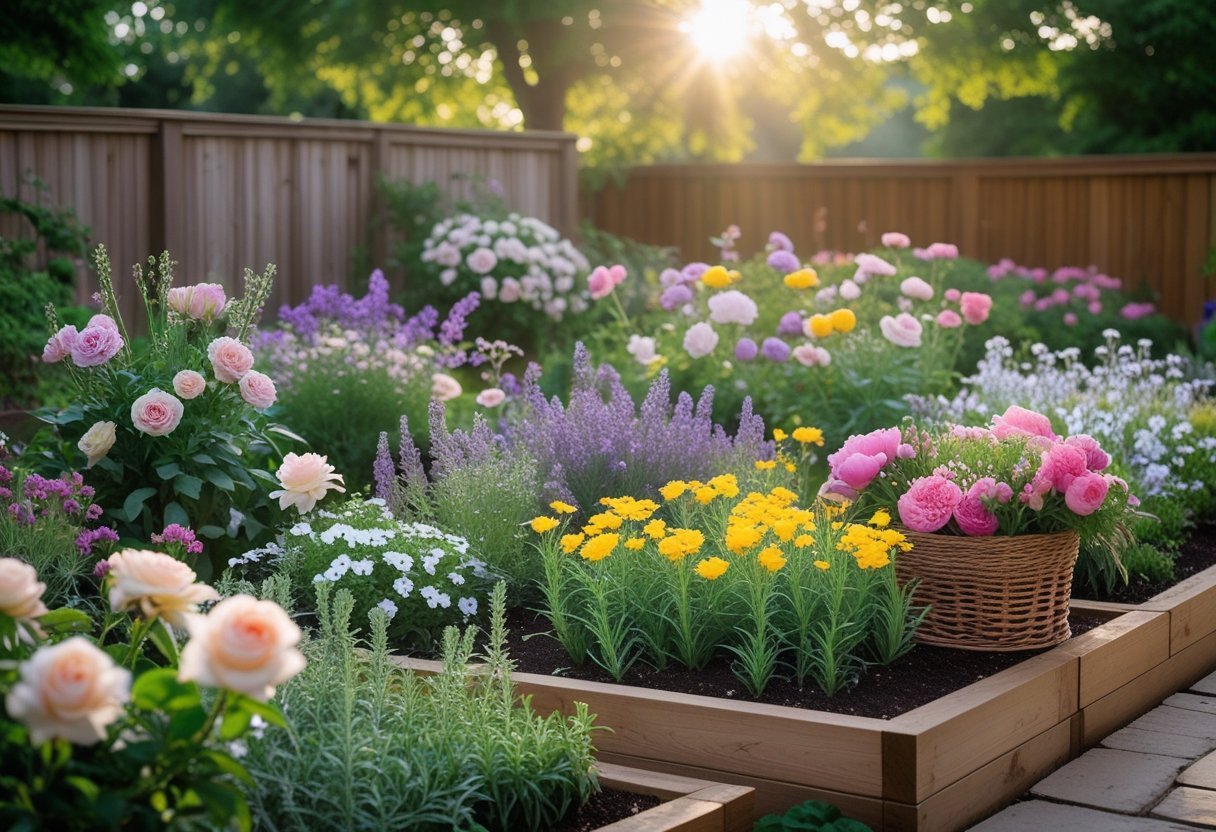 A backyard flower garden with colorful blooming flowers, a wooden fence, and a wicker basket of freshly cut flowers on a stone path.