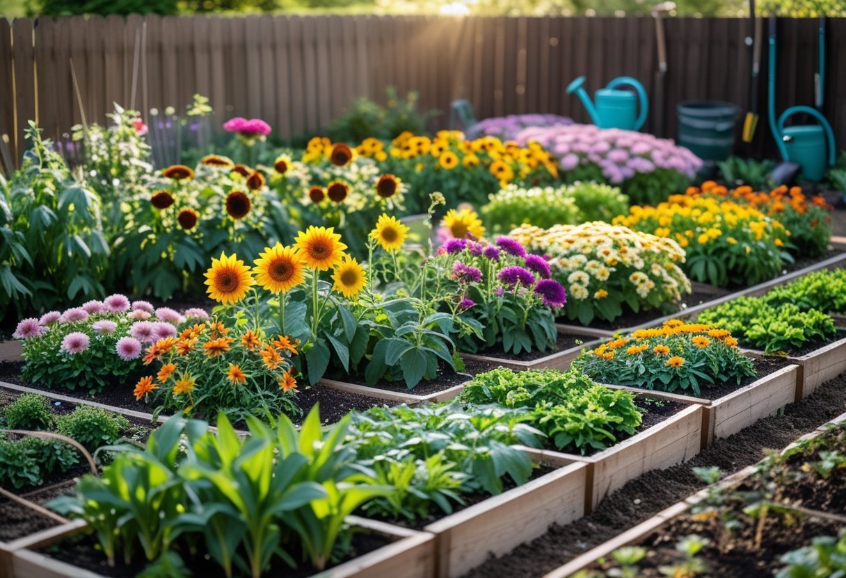 Backyard cutting garden with rows of colorful blooming flowers and green foliage under natural daylight.