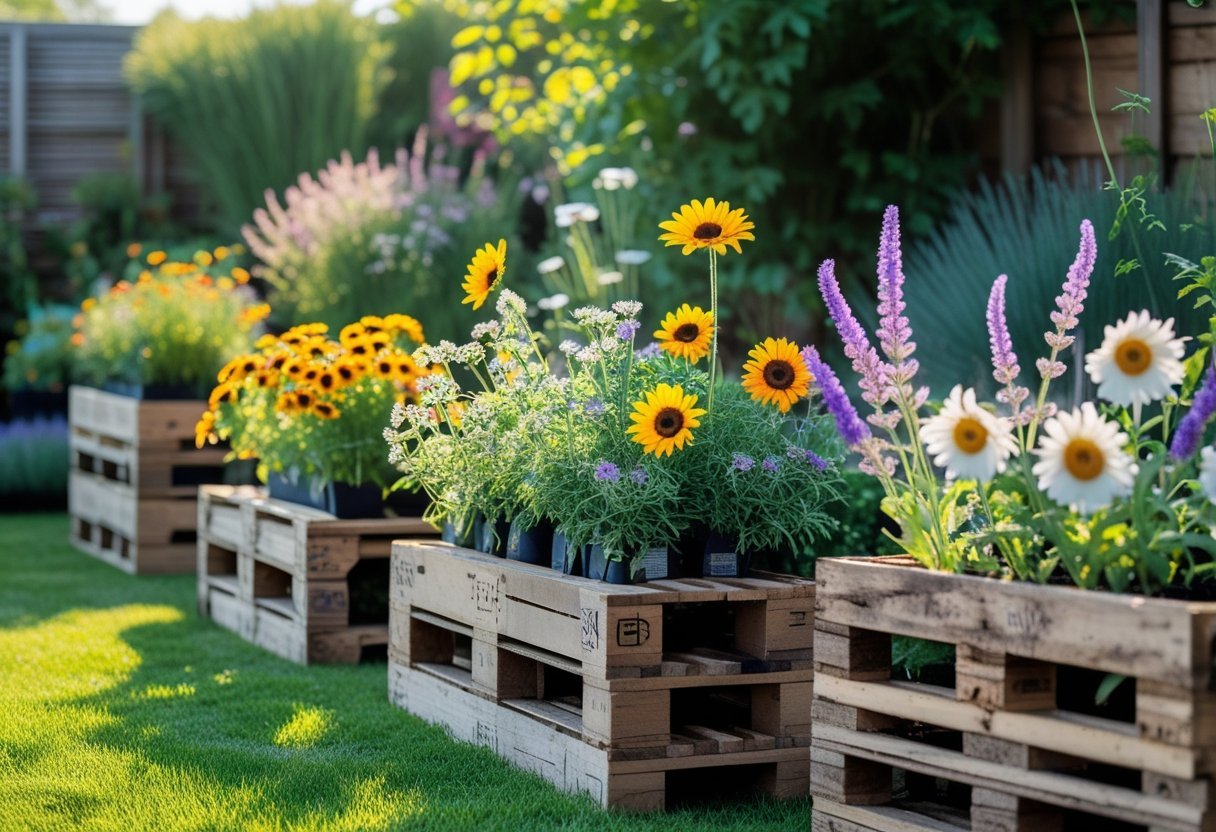 Backyard garden with colorful flowers planted in recycled wooden pallet planters surrounded by green grass and plants.