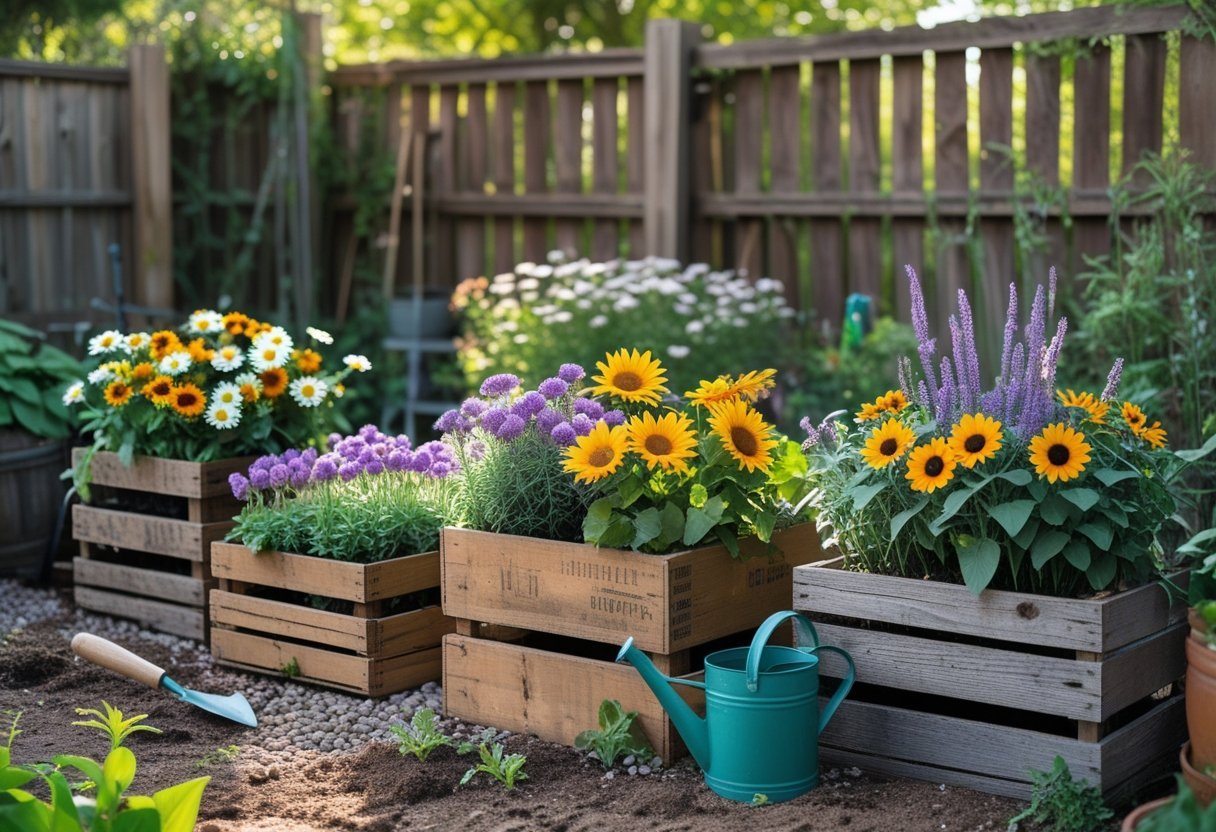 A backyard garden with wooden crates filled with colorful cut flowers and green plants.