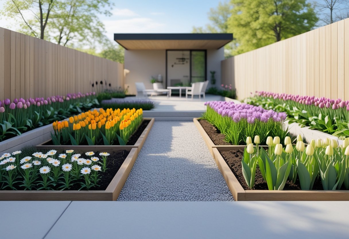 A backyard flower garden with neat rows of blooming flowers, a gravel pathway, and a wooden fence under a clear blue sky.