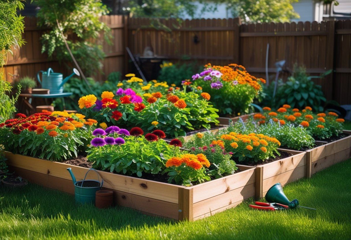 A backyard edible flower garden with colorful blooming flowers in raised wooden beds and green grass around.