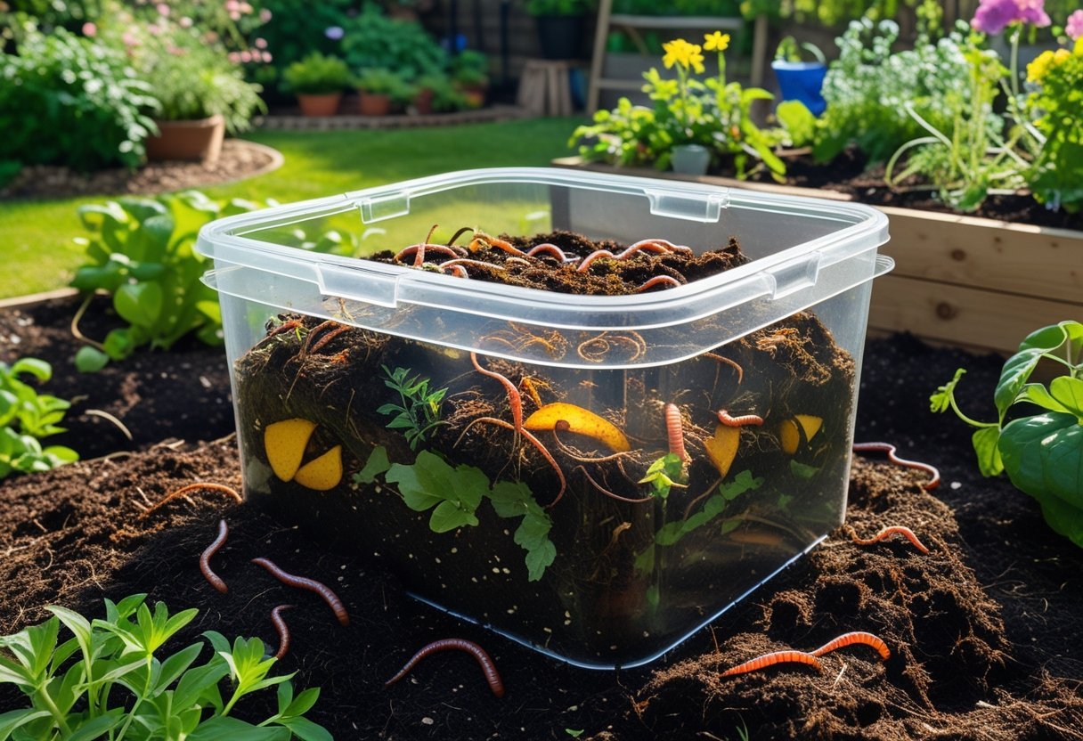 A garden compost bin with worms inside surrounded by green plants and gardening tools.
