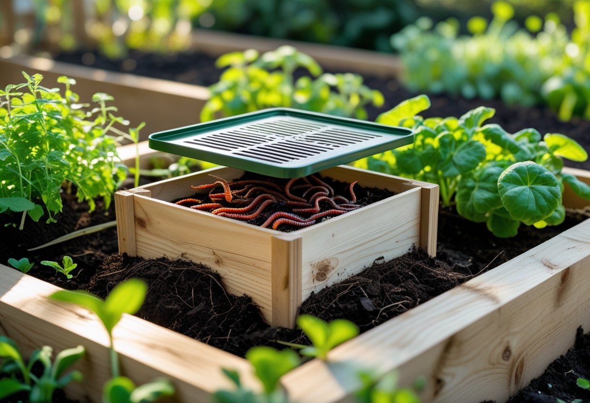A worm bin inside a wooden raised garden bed filled with soil and plants growing around it.