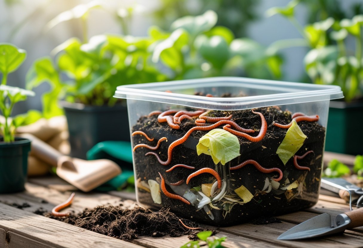 A plastic container filled with soil, organic scraps, and worms used for vermiculture composting, placed on a wooden table with garden plants and tools around.