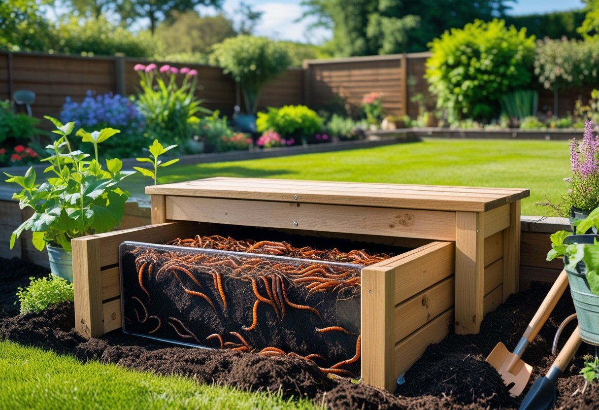A wooden garden bench with a composting worm farm beneath the seat, surrounded by green plants and garden tools.