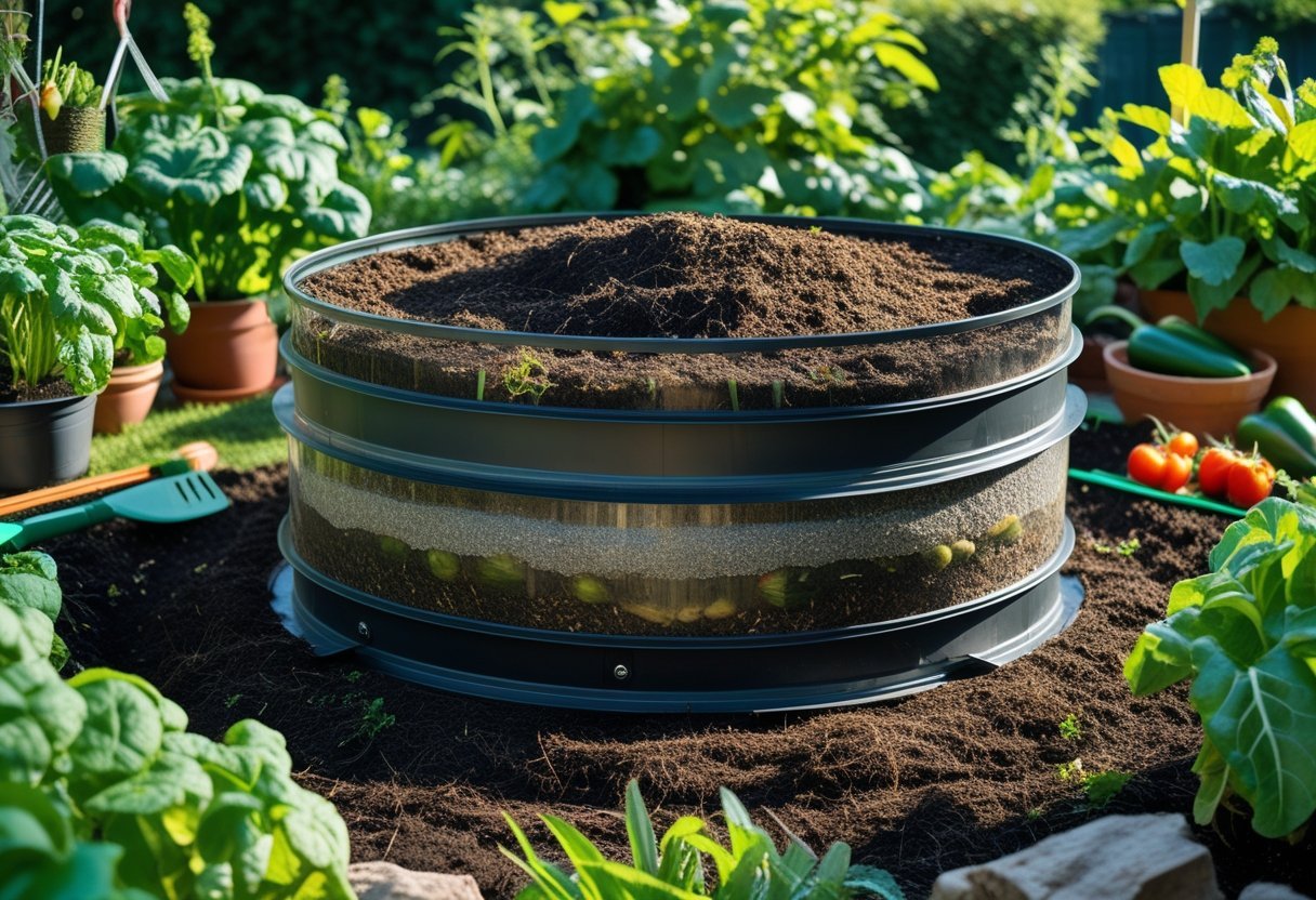 A circular worm composting system in a garden surrounded by plants and gardening tools.