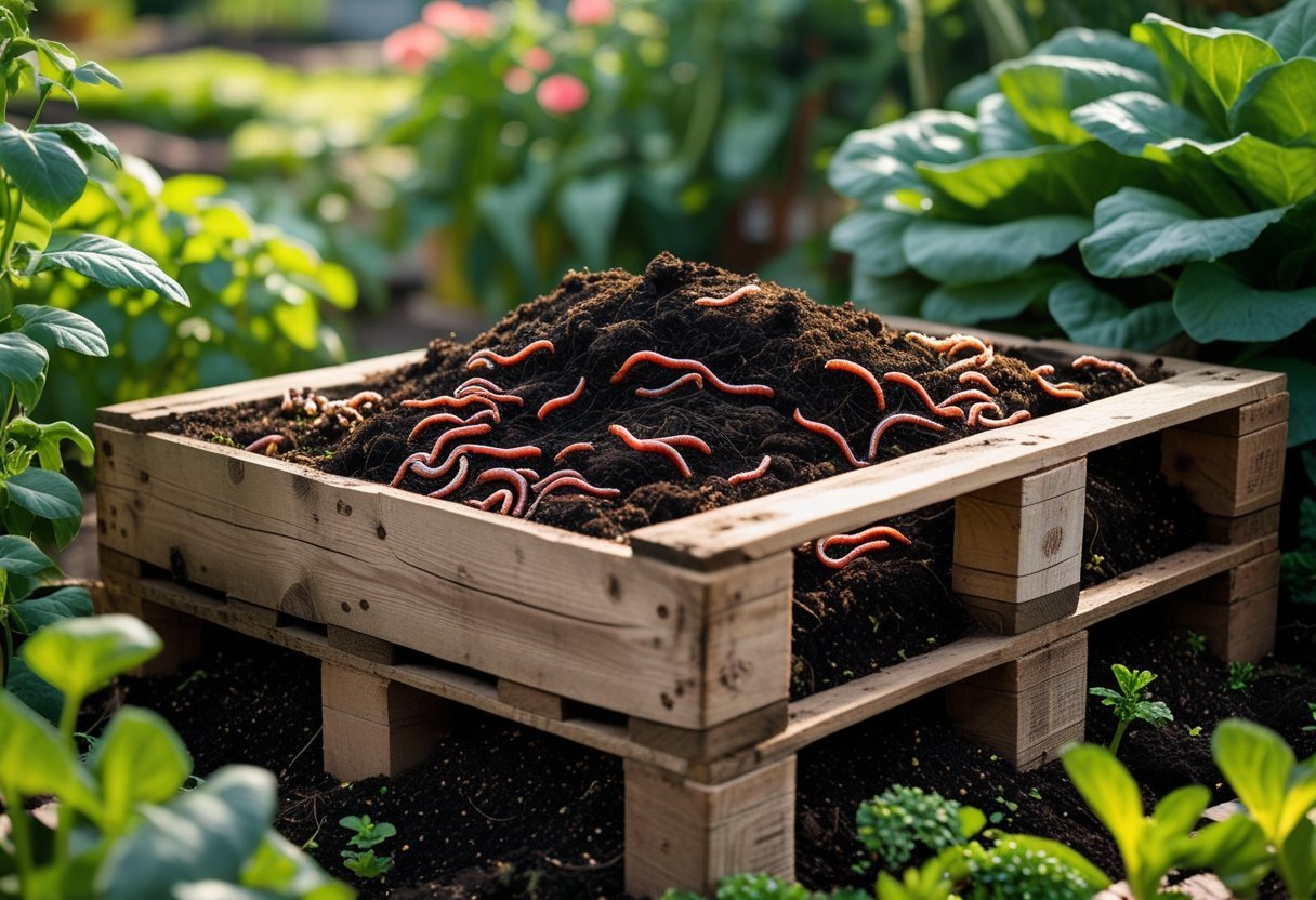 A wooden pallet bin filled with compost and worms in a garden with green plants around it.
