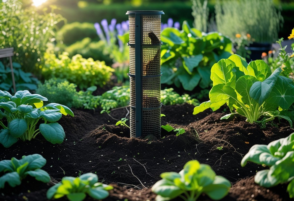 A worm tower in the center of a garden bed surrounded by green plants and rich soil.