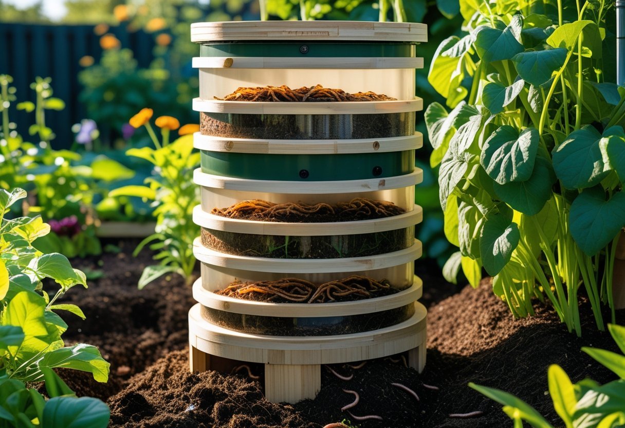 Vertical multi-tiered worm composting system in a garden with plants and soil, showing worms and decomposing organic matter inside the compartments.