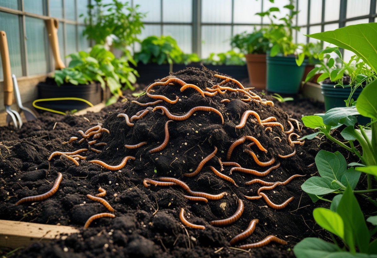 Greenhouse interior showing a compost pile with earthworms and surrounding plants.