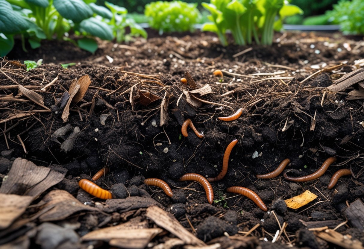 Close-up of soil under mulch in a garden with earthworms composting organic matter among plant beds.