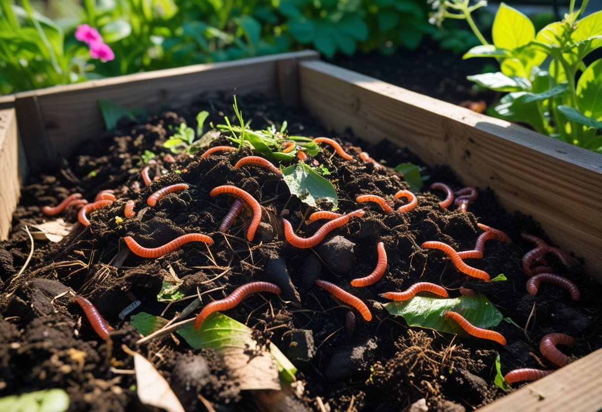 Outdoor compost bin with red wiggler worms composting garden waste surrounded by green plants.