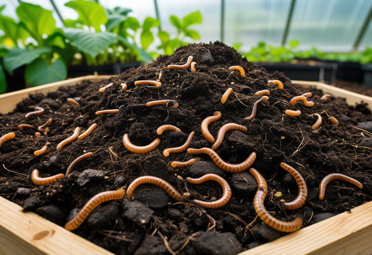 Close-up of a wooden planter box inside a greenhouse filled with compost soil and earthworms, surrounded by green plants.
