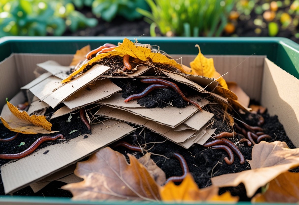 Close-up of a small compost bin with cardboard, leaves, and worms in a garden setting.
