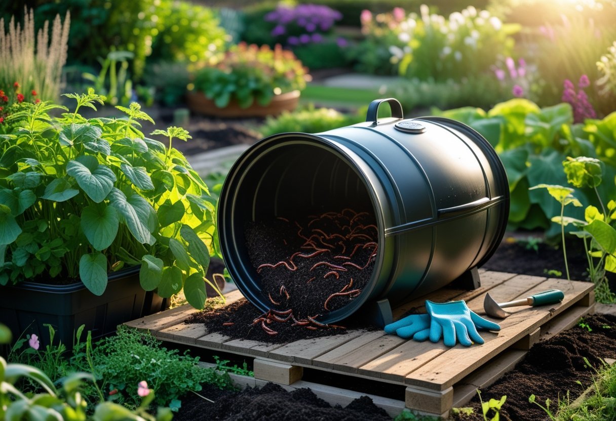Outdoor garden scene with a composting barrel containing worms and rich compost surrounded by plants and gardening tools.