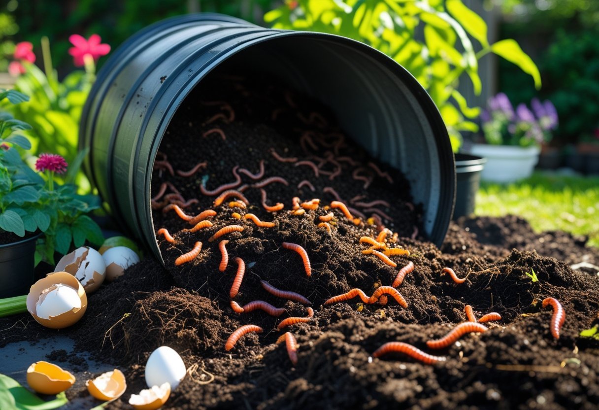 A backyard garden scene showing a barrel compost bin with worms and kitchen scraps being added for composting.