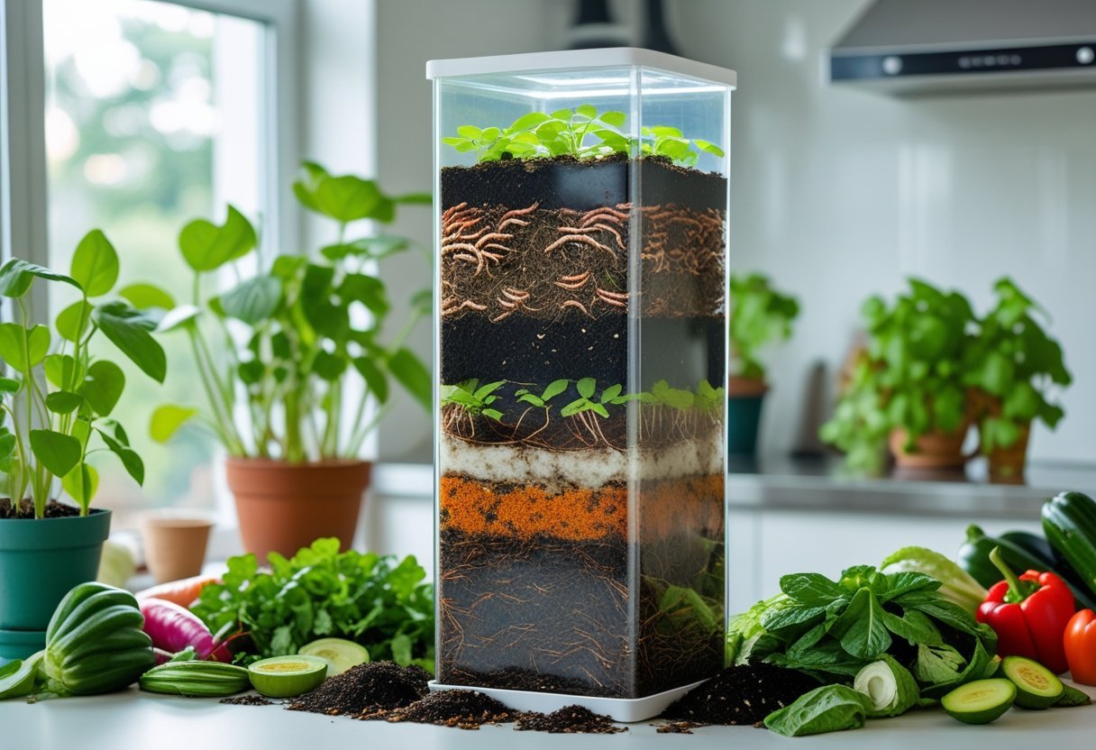 Indoor worm tower composting setup with visible worms and organic waste in a bright kitchen environment surrounded by green plants.