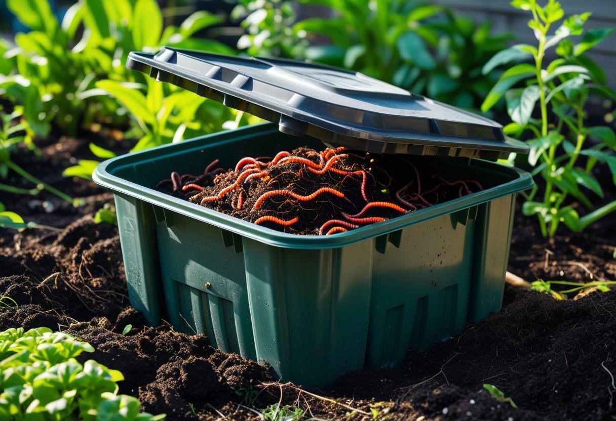 A worm composting bin with a lid in a garden, showing worms inside the compost material.