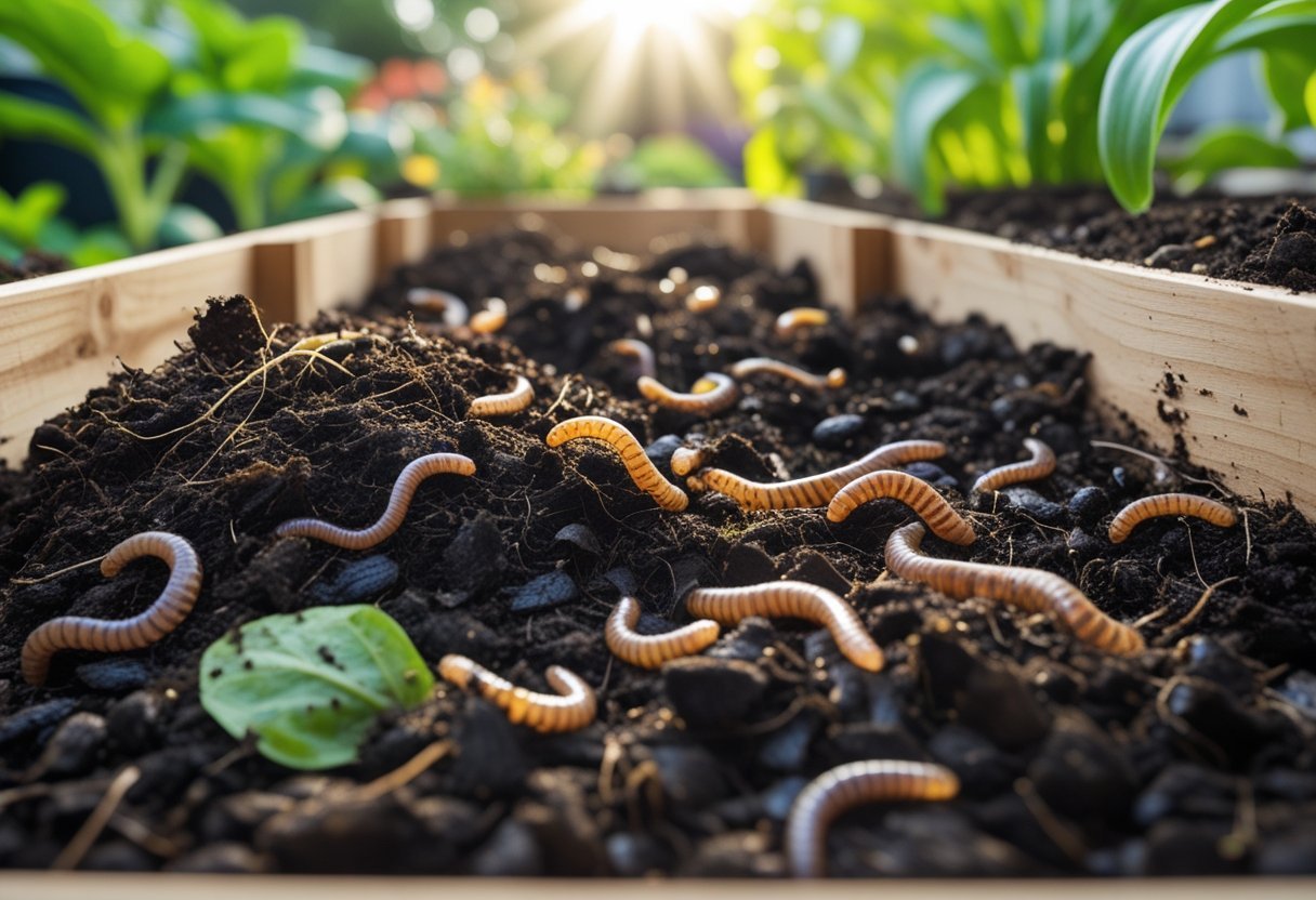 A raised wooden garden planter filled with dark compost soil and visible composting worms moving through the soil outdoors.