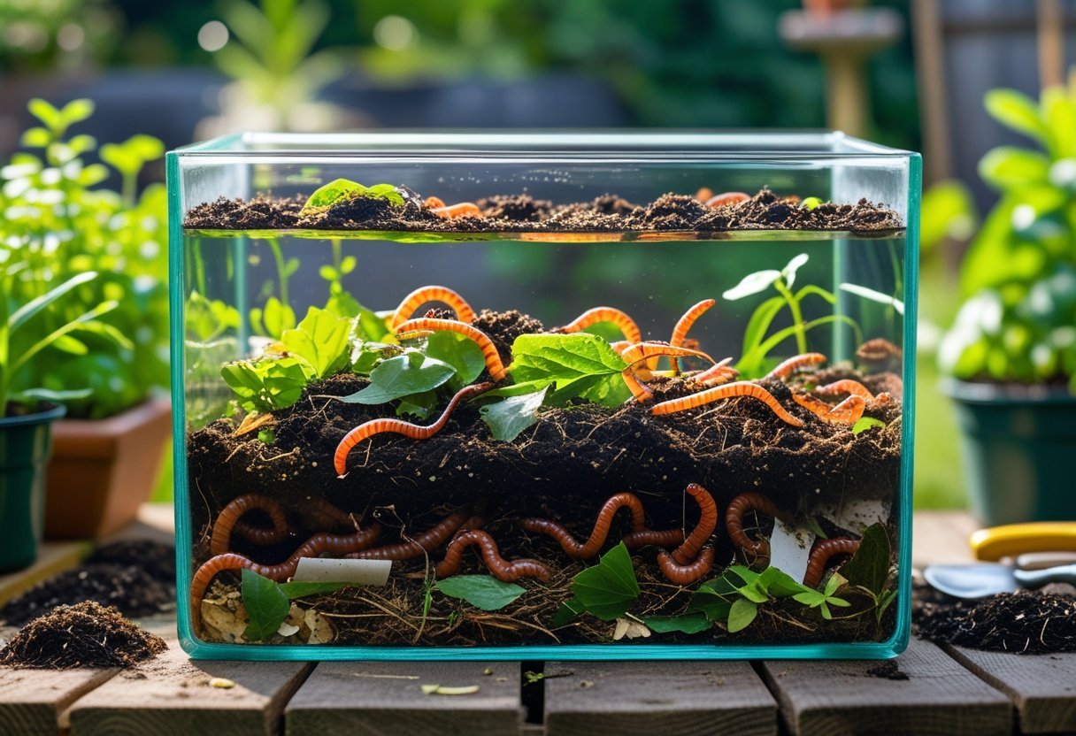A clear glass aquarium outdoors filled with soil and compost, showing worms burrowing inside, surrounded by garden plants and tools.