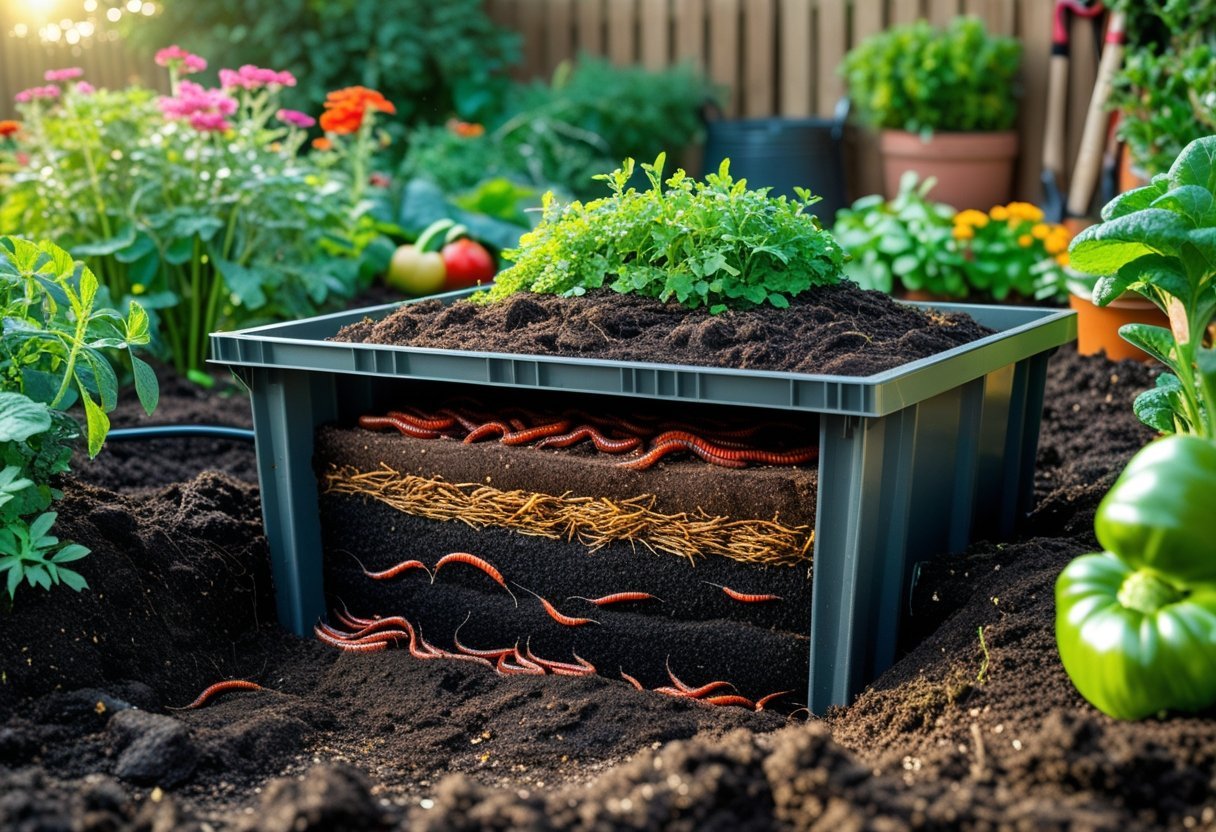 An in-ground worm bin buried in a garden with plants and vegetables growing around it.