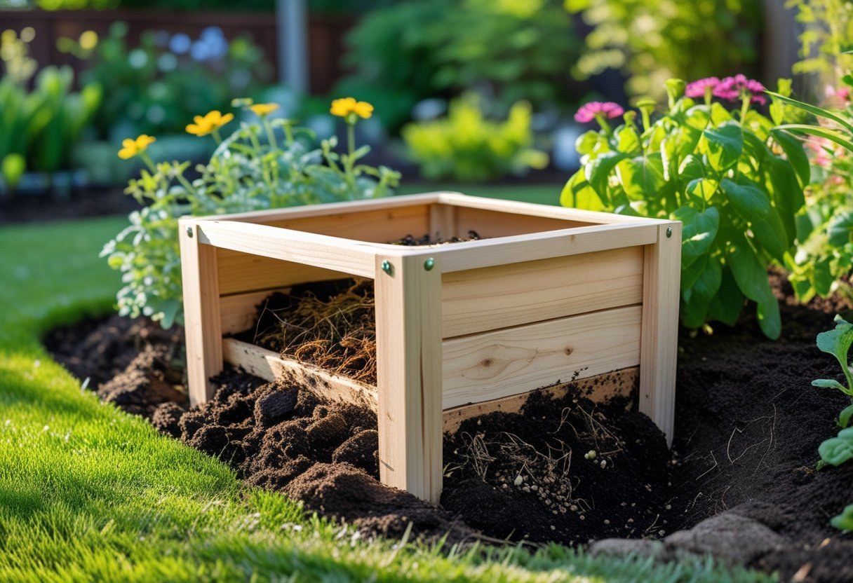 A raised bed corner worm bin made of wood in a garden with green plants and soil, showing compost inside, under natural daylight.