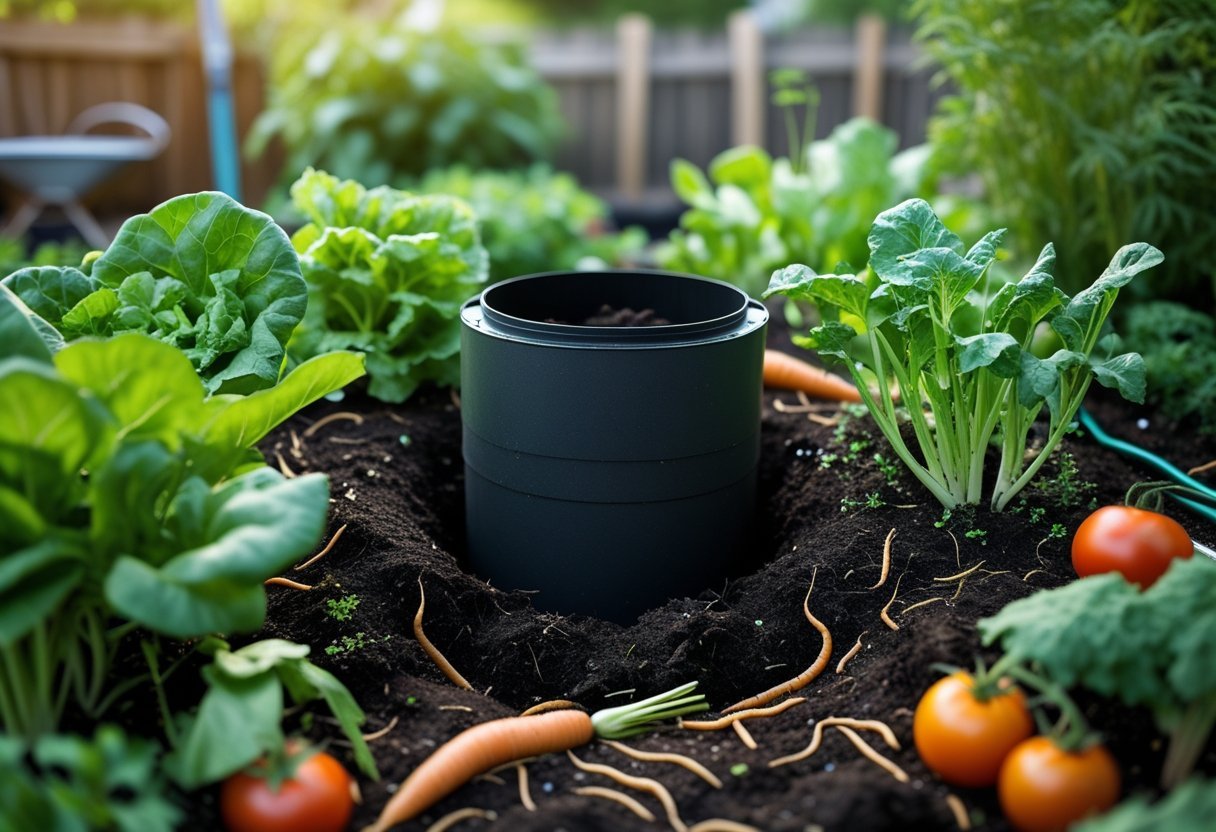 A compost tube placed in the center of a vegetable garden with various healthy plants growing around it and earthworms visible in the soil.
