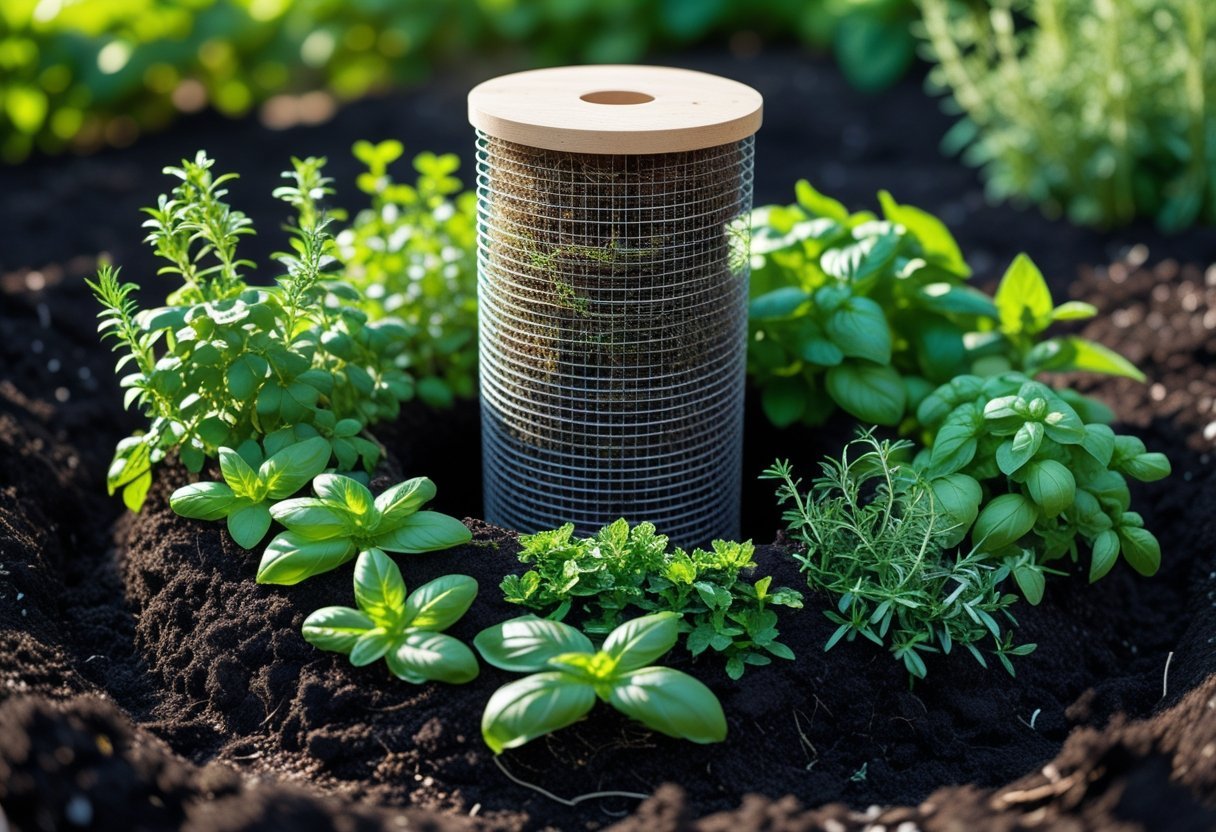 A worm tower placed in the center of a spiral herb garden with various green herbs growing around it.