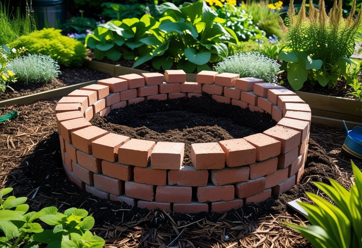 A sunken circular brick worm bin in a garden surrounded by green plants and soil.