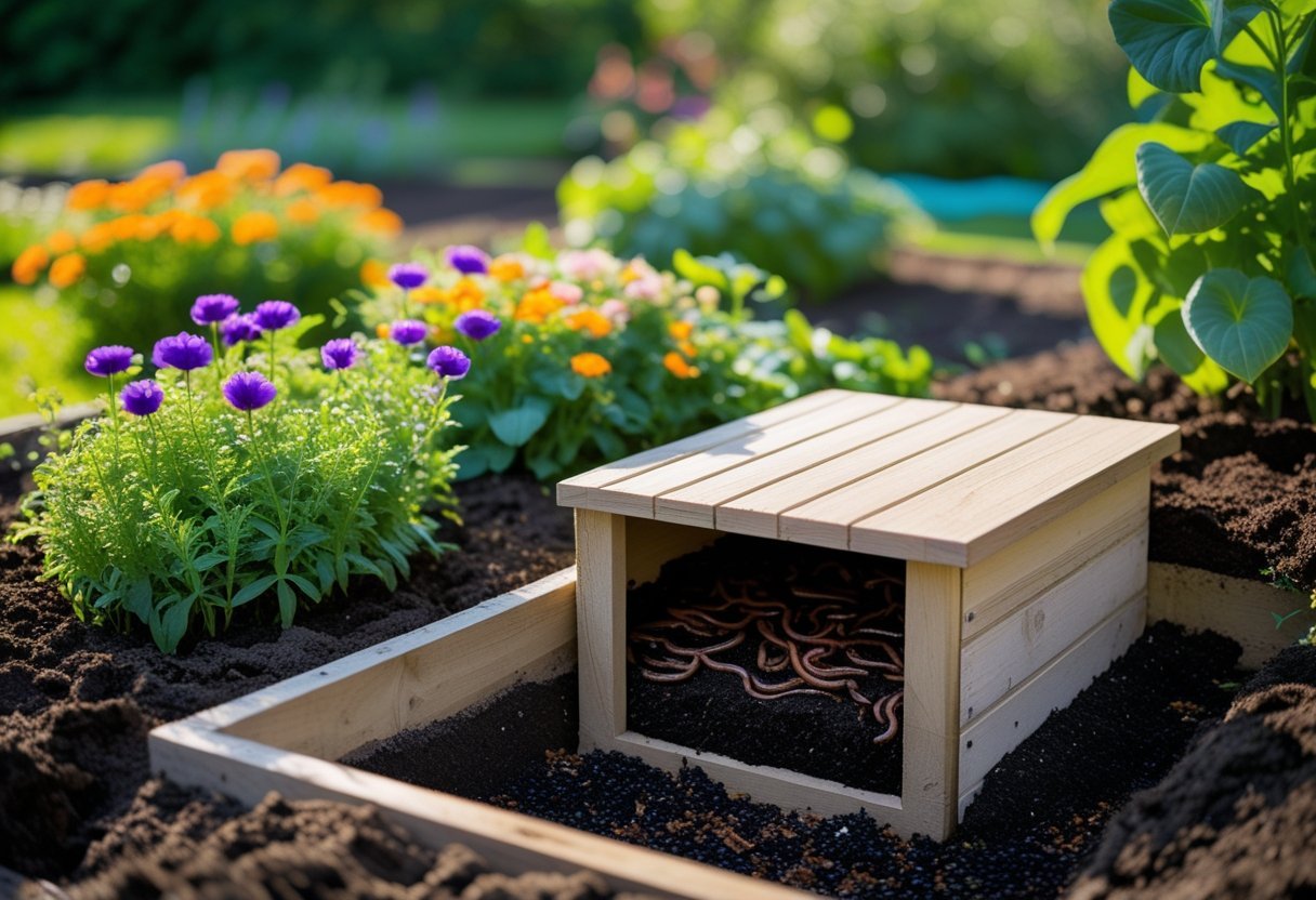 A garden flower bed with colorful flowers next to an in-ground worm bin station partially open, showing compost and earthworms.