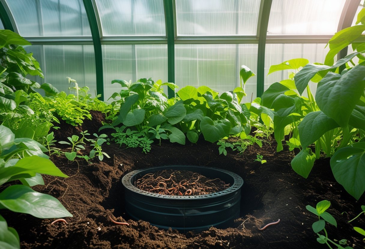 A compost pit with worms in the soil inside a greenhouse surrounded by green plants and seedlings.
