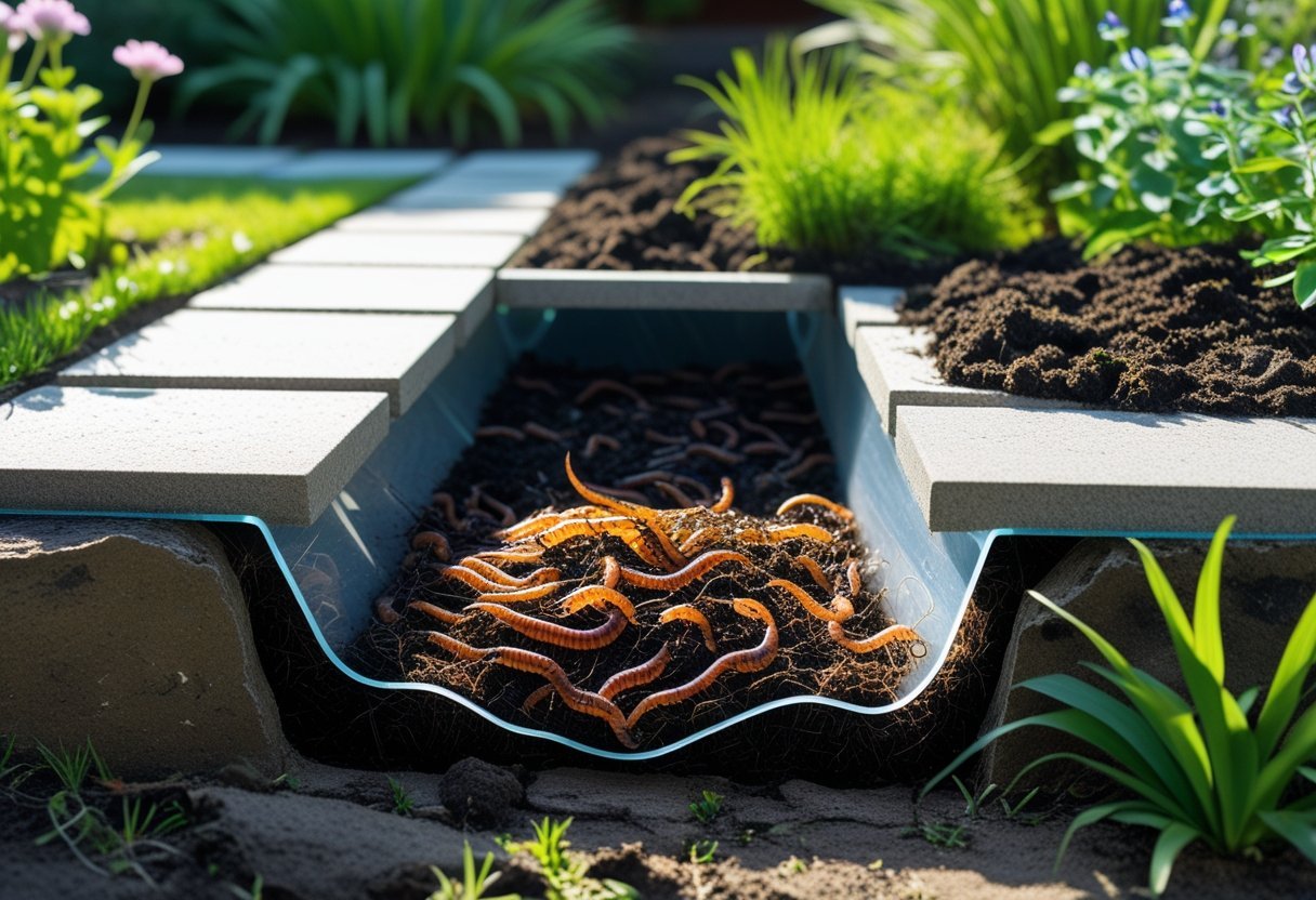 A garden pathway with a cutaway view showing a worm bin underground filled with soil and earthworms, surrounded by green plants and flowers.