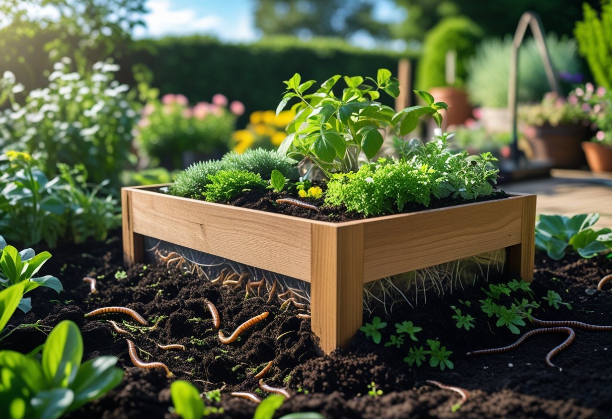 An in-ground worm bin surrounded by plants and soil in a garden.