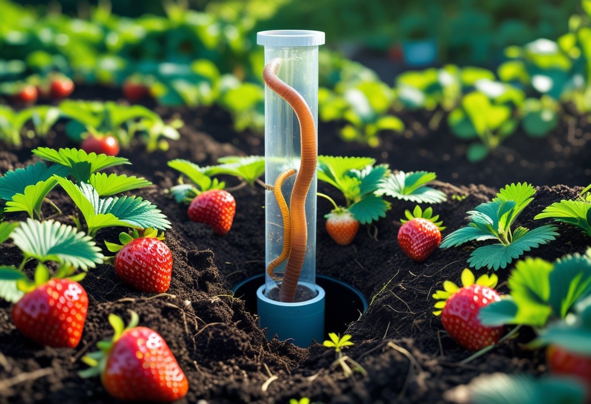 A vertical worm tube installed in soil among green strawberry plants with ripe strawberries in a garden.