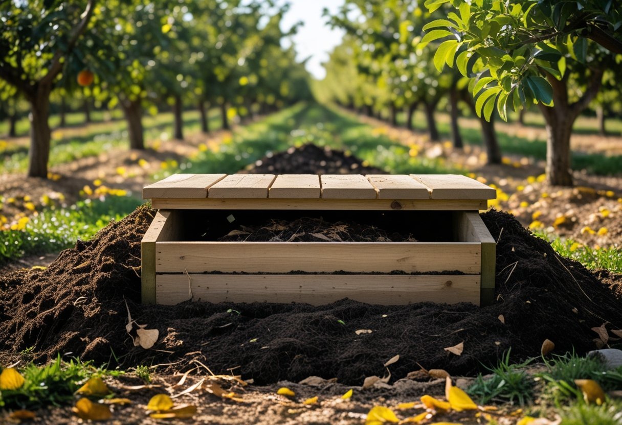 A compost hole with a wooden lid in the ground of an orchard surrounded by fruit trees and green foliage.