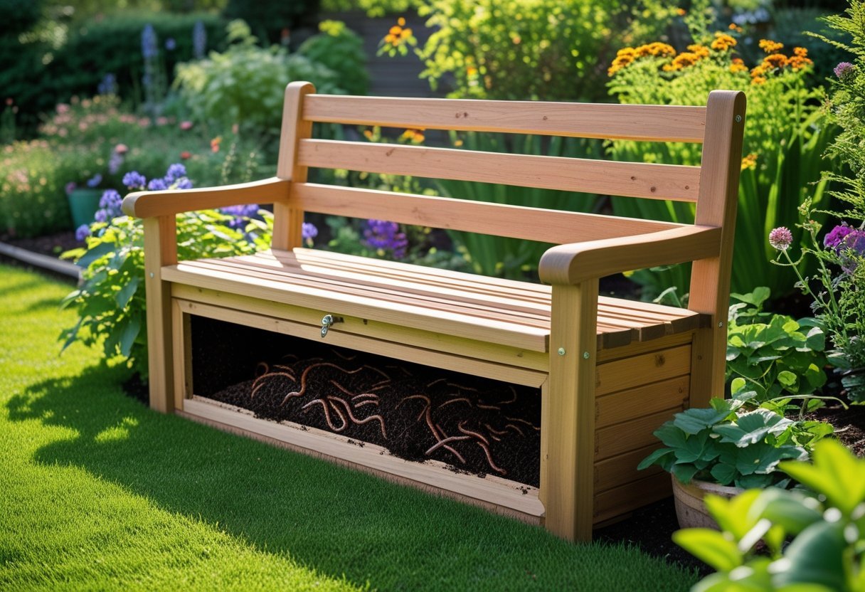 A wooden garden bench with a built-in worm bin set in a green garden surrounded by plants and flowers.