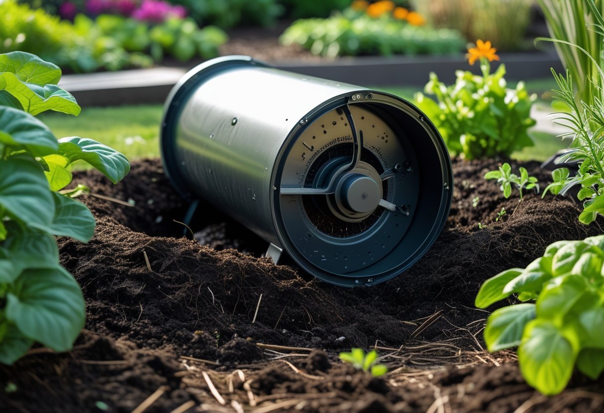 A rotating in-ground worm bin system installed in a garden bed surrounded by plants and soil.