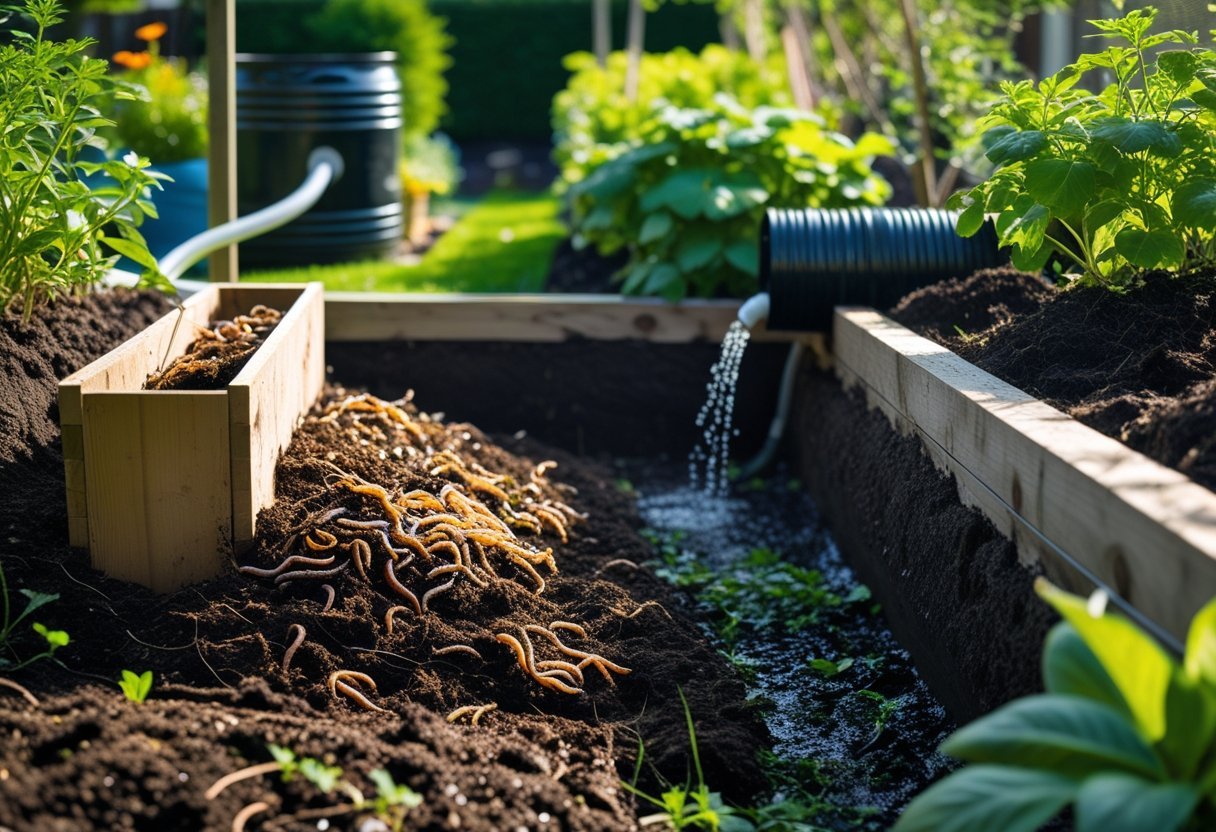 An outdoor garden with an in-ground worm bin next to a rainwater harvesting barrel surrounded by plants and soil.