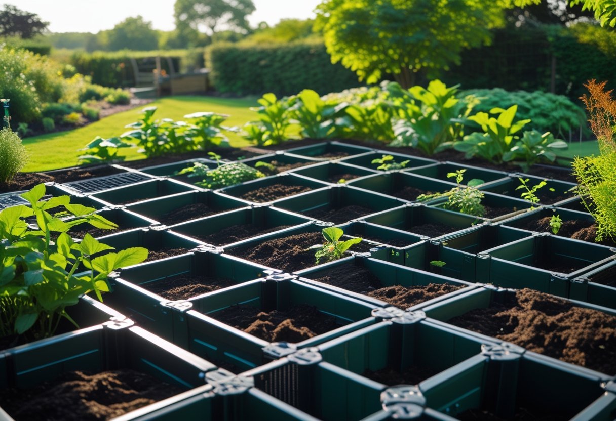 A garden with a modular grid of interconnected worm compost bins placed on the ground surrounded by green plants.