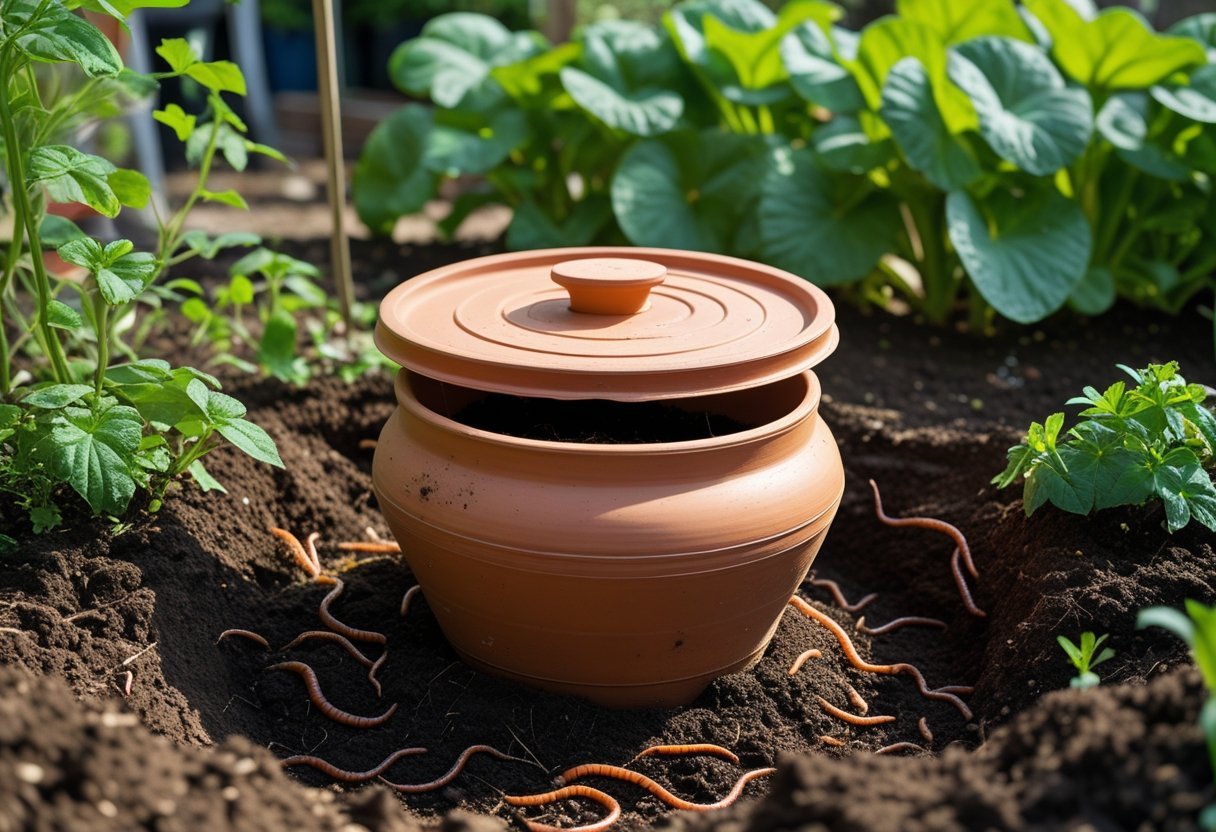 A clay pot worm composter buried in the ground surrounded by soil and green plants in a garden.