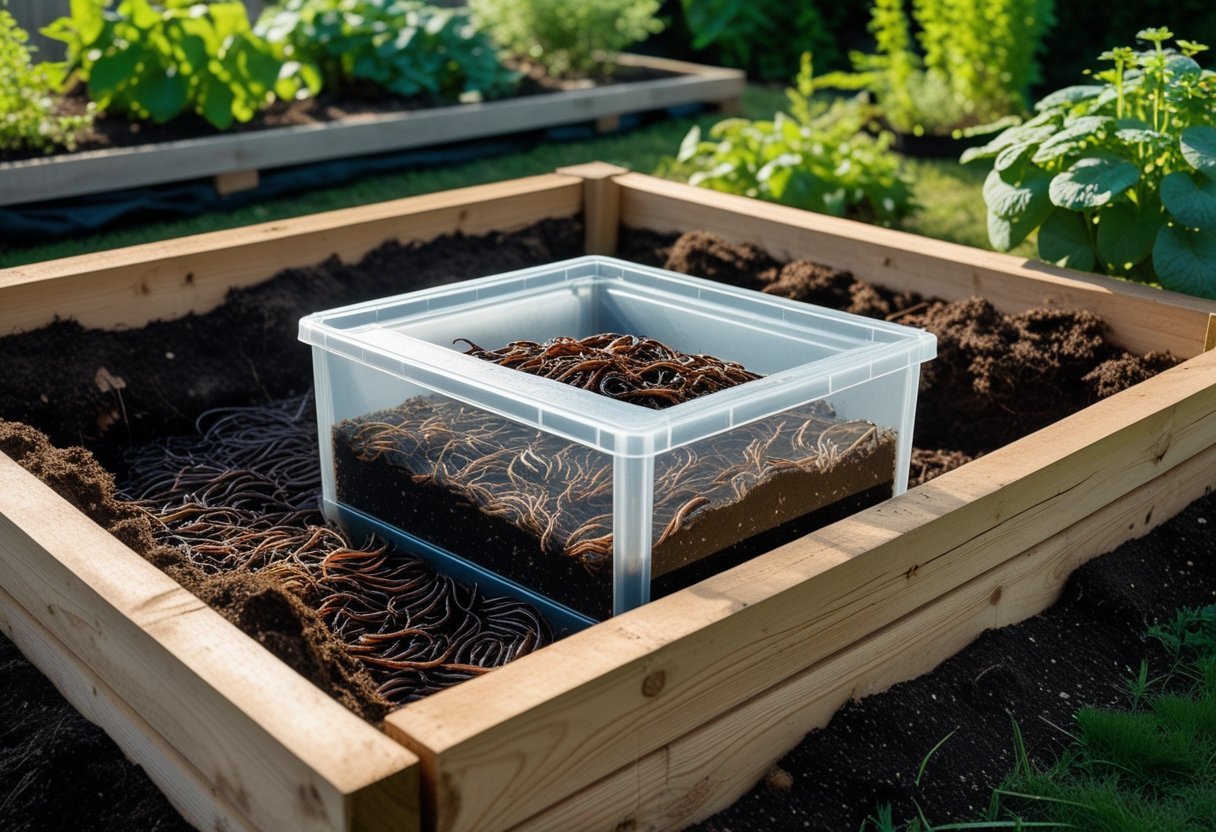 A raised wooden garden bed with layers of decomposing wood and soil containing a worm bin full of earthworms, surrounded by green plants in an outdoor garden.