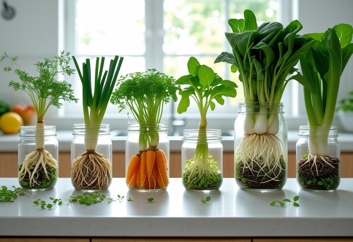 Kitchen countertop with jars and pots containing sprouting vegetable scraps growing into plants near a sunlit window.
