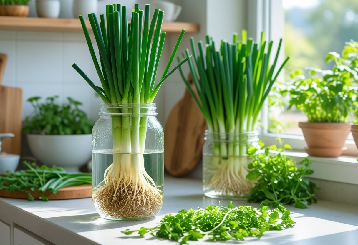 A glass jar on a kitchen windowsill with green onions regrowing in water surrounded by kitchen scraps and small potted herbs.