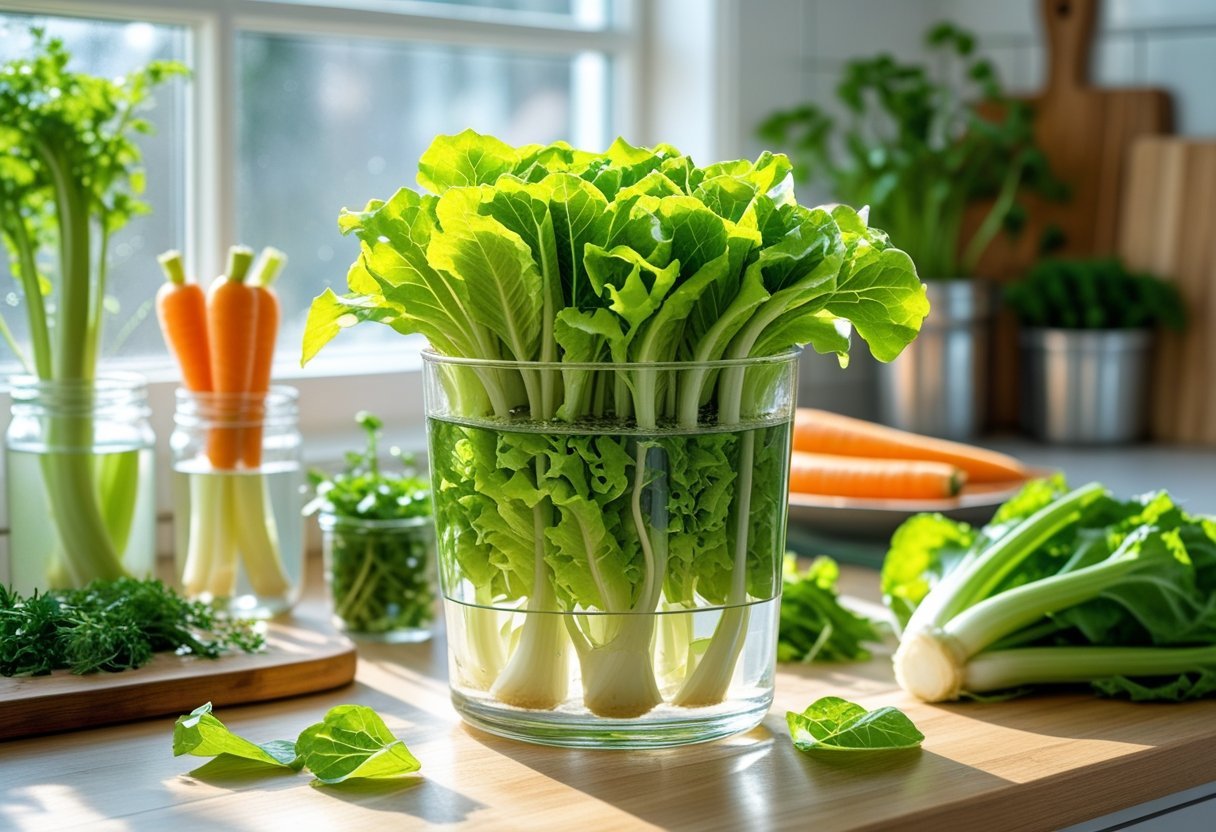 A glass container on a kitchen counter with lettuce scraps growing fresh green leaves in water, surrounded by other kitchen scraps and fresh vegetables near a sunlit window.