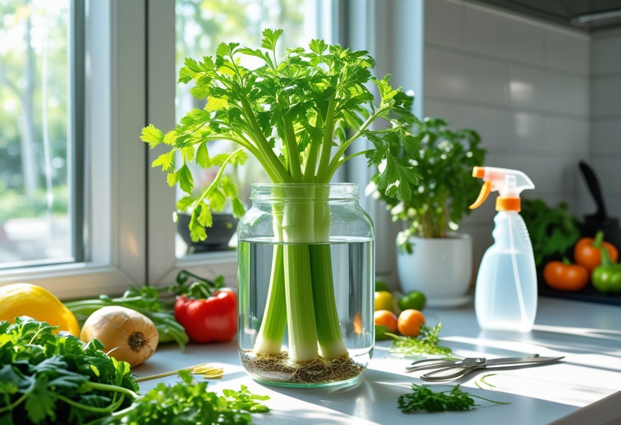 A kitchen windowsill with a glass jar containing a celery base regrowing fresh green shoots surrounded by vegetables and gardening tools.
