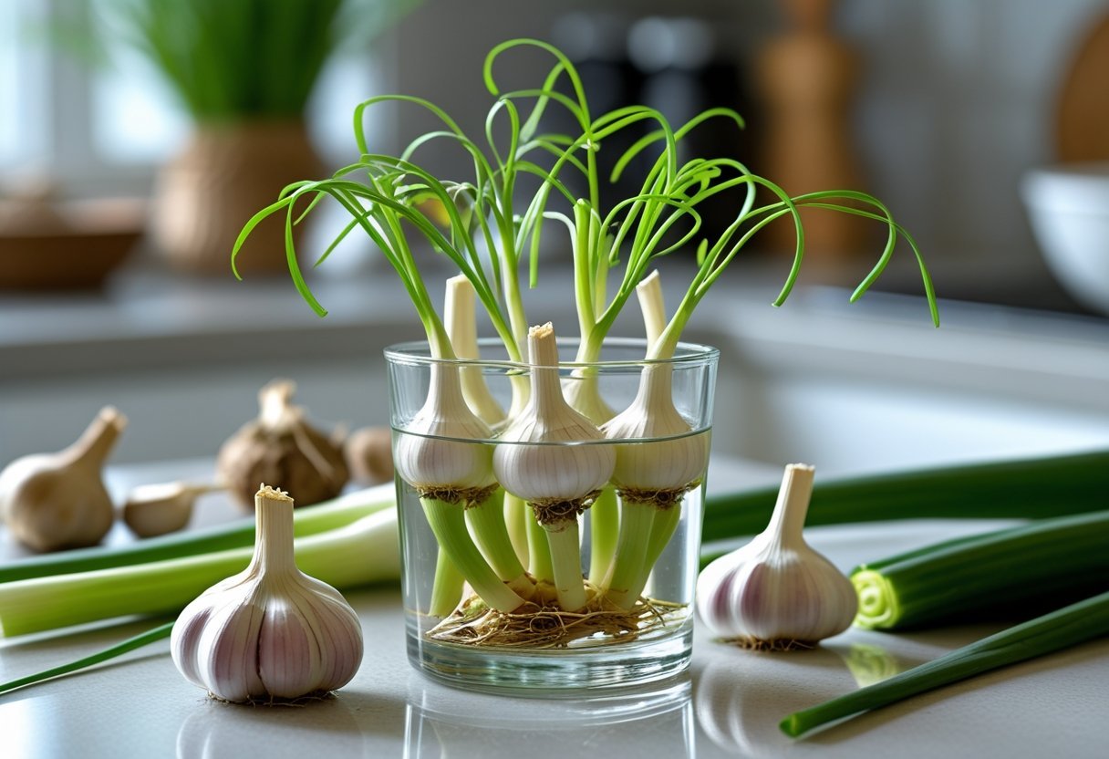 Sprouting garlic cloves growing in a glass container of water on a kitchen countertop with other kitchen scraps nearby.