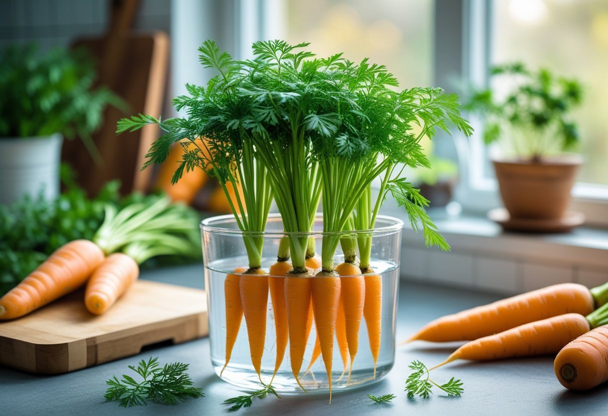 A kitchen scene showing carrot tops regrowing in a glass container filled with water surrounded by fresh carrots and a small herb plant.